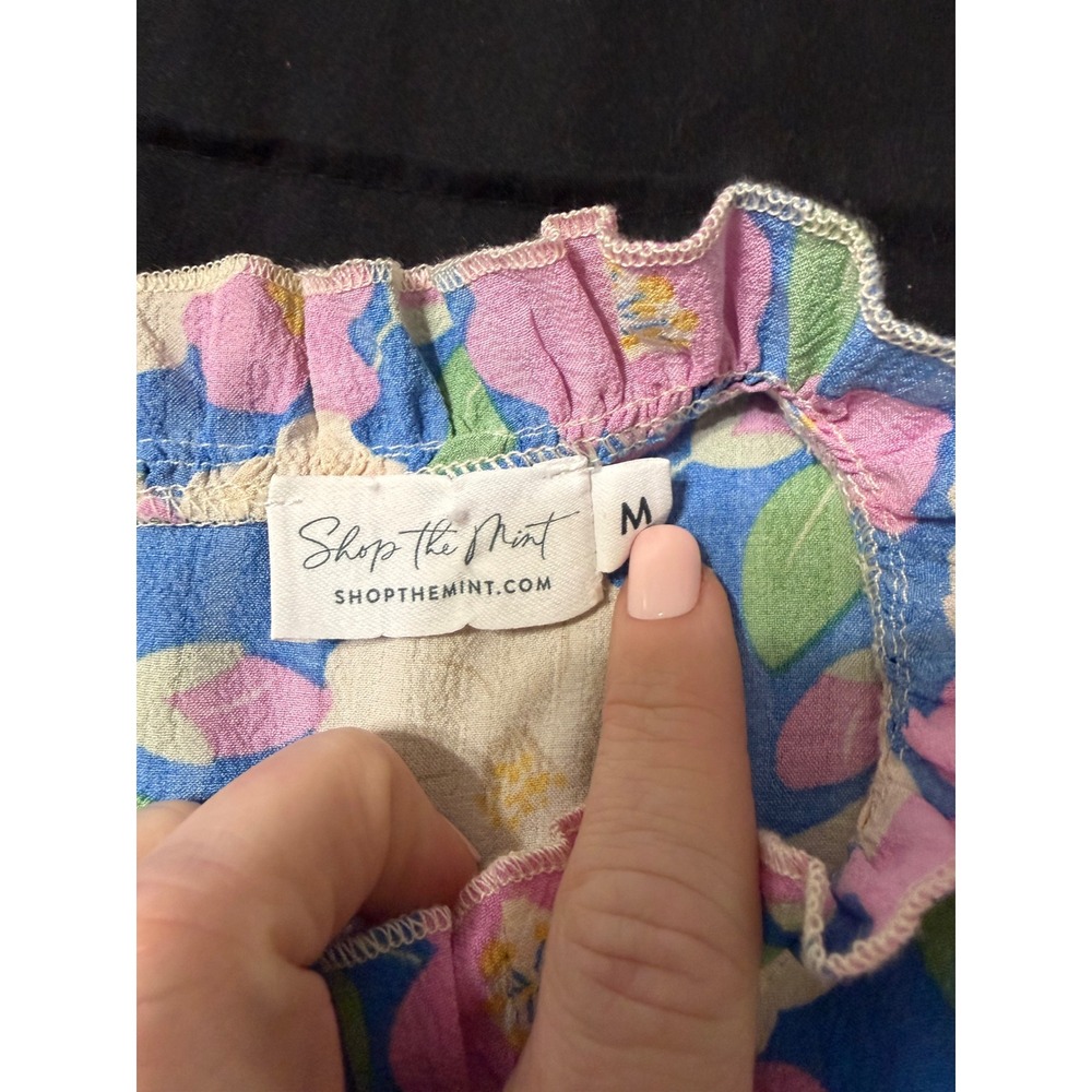 Shop the Mint Blue Pink Floral Ruffle Flutter Sleeve High Neck‎ Blouse Medium - Picture 5 of 5